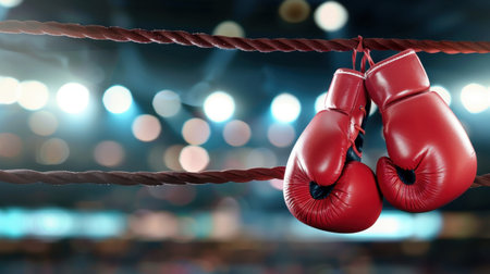 Close-up view of red boxing gloves resting on ropes with a blurred background, capturing the essence of intensity and dedication in sport training.の素材