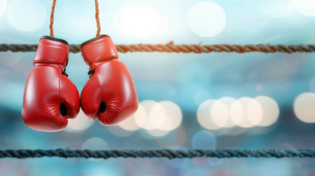 A pair of vibrant red boxing gloves hangs on a rope, set against a blurred backdrop of an indoor training arena, symbolizing strength and determination.の素材