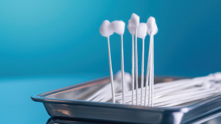 A close-up image featuring clean cotton swabs arranged in a metal tray, highlighting their essential role in healthcare and hygiene practices.の素材