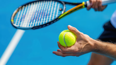 A male tennis player is poised to serve on a vibrant blue court, holding a bright yellow tennis ball in one hand, showcasing focus and determination.の素材