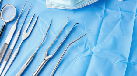 A detailed view of essential surgical instruments arranged neatly beside a medical mask on a soft blue tablecloth, reflecting a sterile operating room environment.の素材
