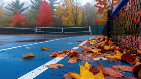 A scenic view of a tennis court adorned with vibrant autumn leaves on a wet surface, surrounded by colorful fall foliage in a misty atmosphere.の素材