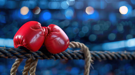 A striking image of red boxing gloves resting on ropes, capturing the essence of sport and preparation. The blurred background lights create a captivating atmosphere of competition and intensity.の素材