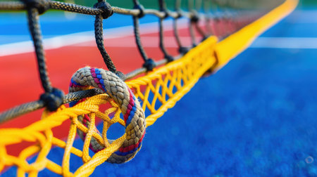 A vivid close-up image showcasing a tennis net with a detailed knot against a colorful court backdrop. Ideal for sports or recreation themes.の素材