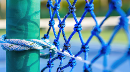 A close-up view highlighting a colorful tennis net, intricately knotted with vibrant blue ropes against a solid green pole, capturing the essence of sport.の素材