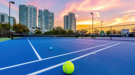 A stunning tennis court featuring vibrant blue surfaces and two balls resting on the court, framed by a beautiful urban sunset in the background.の素材