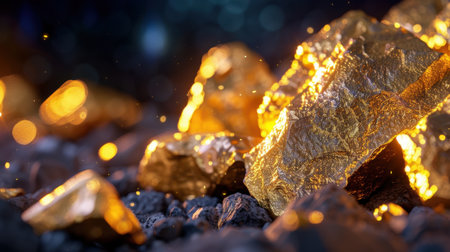 This stunning image captures glimmering gold rocks nestled on a dark background, enhanced by sparkling bokeh highlights, evoking a sense of luxury and nature's riches.の素材