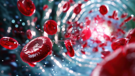 A stunning visualization depicts red blood cells in motion within a dynamic blood vessel, exploring the intricate pathways of the human circulatory system.の素材