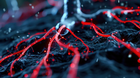 An intricate abstract representation of glowing red neural connections illuminating a dark textured background, showcasing a high-tech, futuristic design.の素材