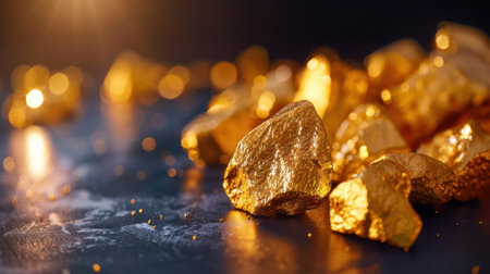 A captivating close-up view of glimmering gold nuggets scattered on a dark surface, showcasing their natural beauty and reflecting light, perfect for luxury themes.の素材