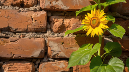 A stunning sunflower stands vividly against a rustic brick wall, showcasing its bright yellow petals and lush green leaves, symbolizing resilience and beauty in nature.の素材