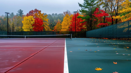 A tranquil autumn tennis court featuring vibrant red and yellow foliage surrounding the area. The wet surface reflects the seasonal charm and beauty.の素材