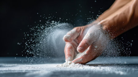 A dramatic close-up of hands gracefully dispensing flour, creating a captivating scene with a dust cloud against a dark background, showcasing culinary artistry.の素材