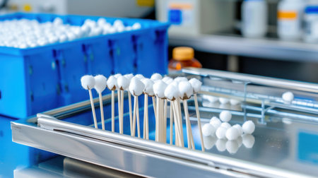 This image captures a laboratory scene featuring cotton swabs arranged on a silver tray, accompanied by a blue storage container, highlighting a clean and organized research environment.の素材