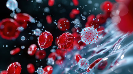 Visual representation of red blood cells interacting with viruses in a high-resolution biological setting, showcasing the intricate details of human health and disease processes.の素材