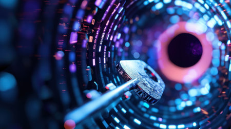 An eye-catching close-up of a metallic key positioned at the entrance of a vibrant digital tunnel. This imaginative design showcases light and technology.の素材