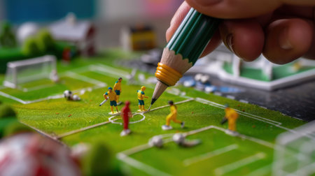A vibrant close-up image showcasing a miniature soccer game scene with player figures. A hand skillfully holds a colored pencil above the field, emphasizing creativity.の素材