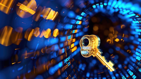 This image showcases a digital key floating amidst a vibrant backdrop of binary code and colorful lights, symbolizing modern security and technology advancements.の素材