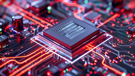 An intricate close-up of a futuristic circuit board featuring a microchip at its center, illuminated by vivid red and blue lights, showcasing technology innovation.の素材