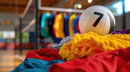 A vibrant arrangement of volleyball gear featuring a number seven ball on colorful apparel. This image captures the essence of preparation for sports events in a gym, emphasizing energy and teamwork. Perfect for sports-related content.の素材