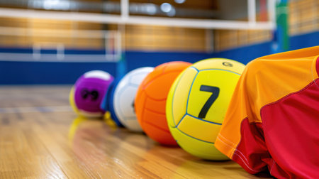 A vibrant arrangement of volleyballs in various colors rests on a polished wooden gym floor, symbolizing preparation for sports practices and competitions.の素材