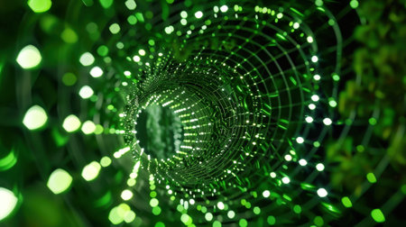 This captivating abstract image features a mesmerizing green light tunnel filled with glowing orbs and intricate patterns, creating a sense of depth and movement.の素材