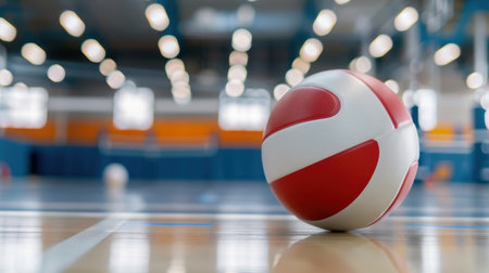 A vivid close-up of a red and white volleyball resting on a polished gym floor. The blurred background features a modern sports facility, highlighting the excitement of the game.の素材