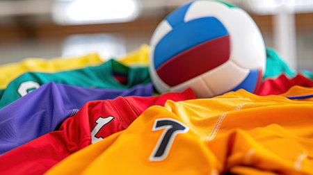 This image showcases a collection of vibrant volleyball jerseys stacked together, with a colorful volleyball in the foreground, perfect for sports-themed graphics.の素材