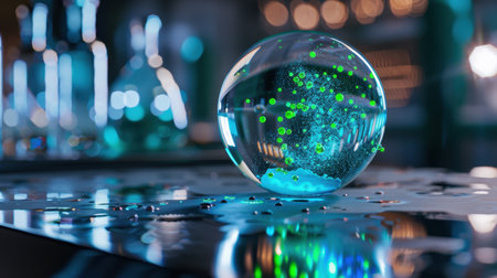 A captivating image of a glass sphere containing colorful bubbles and shimmering liquid, displayed on a laboratory table against a blurred backdrop of scientific tools and lights.の素材