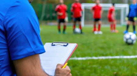 A soccer coach takes notes on a clipboard while observing a training session with players in red jerseys on an outdoor field. The focus is on skill development.の素材