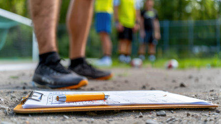 A low-angle view focusing on a clipboard with notes, representing coaching tools during a sports training session with athletes preparing on the field.の素材
