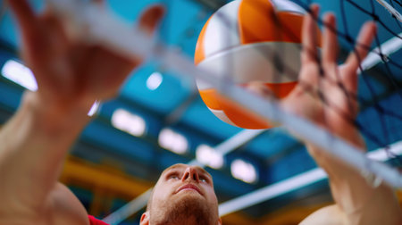 Dynamic scene featuring a male athlete preparing to strike a volleyball in an indoor arena, capturing the intensity and energy of the competition.の素材
