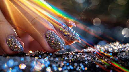 A stunning close-up image depicting glamorous glittery nails adorned with sparkling jewels, set against a shimmering background that reflects colorful light.の素材