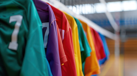 A vibrant display of colorful sports jerseys arranged in a row, showcasing a variety of shades and styles suitable for athletic activities or team events.の素材