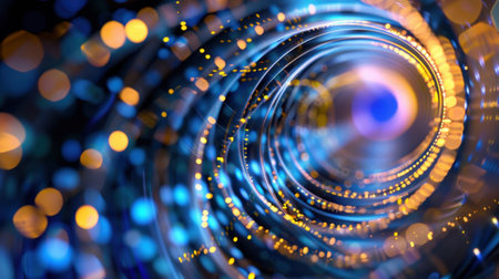 This abstract image features a swirling pattern of colorful lights and glowing particles, creating a mesmerizing sense of depth and motion in digital space.の素材