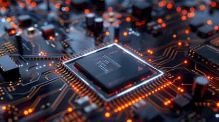 This close-up image showcases a detailed circuit board featuring a microchip surrounded by glowing LED lights, highlighting modern technology and innovation.の素材