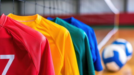 A vibrant display of colorful soccer jerseys hanging on a net, accompanied by a soccer ball in an indoor sports setting, perfect for sports enthusiasts.の素材