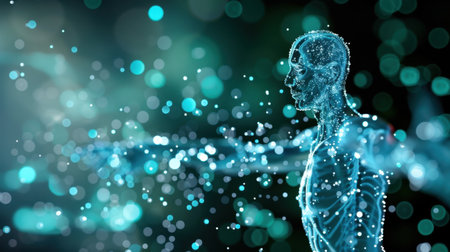 This captivating image features a translucent human silhouette, surrounded by sparkling particles against a dreamy abstract background, perfect for technology themes.の素材