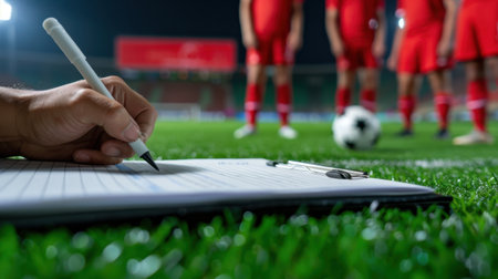 A coach captures valuable insights by writing notes during a soccer training session on the field, focusing on player development and strategy.の素材