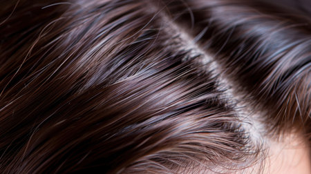 This stunning close-up image showcases smooth and shiny brown hair, highlighting its natural texture and glossy finish under soft lighting. Perfect for beauty themes.の素材