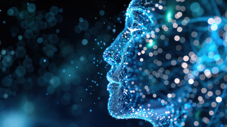 A captivating digital representation of a human face in profile, illuminated by glowing particles and intricate network connections, showcasing futuristic themes.の素材