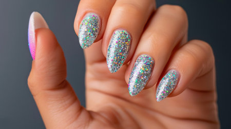 A stunning close-up of beautifully manicured long fingernails showcasing glittery silver nail art filled with vibrant sparkles, perfect for stylish beauty enthusiasts.の素材