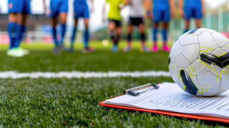Close-up view of a soccer ball and a clipboard on the grass, capturing a strategic planning moment during a team training session on a sunny day.の素材