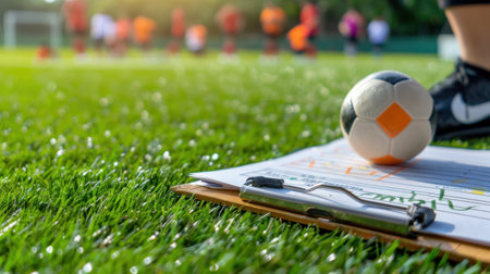 A close-up of a clipboard with notes placed on vibrant grass during a soccer practice session, showcasing a ball and athletes engaged in training.の素材