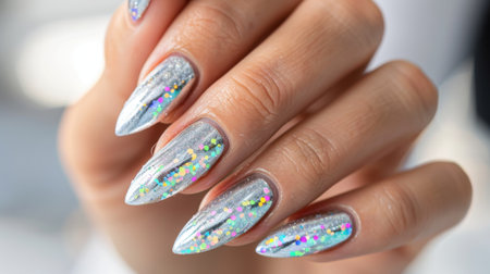 A close-up view of stylish silver nail art featuring unique glitter accents, perfect for showcasing modern beauty trends and artistic manicures.の素材