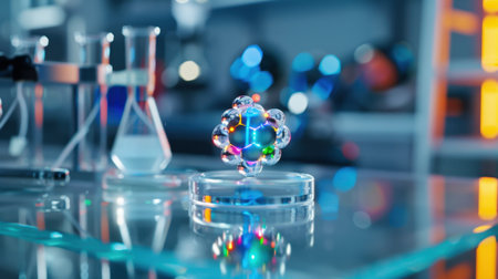 A vibrant 3D model of a molecule sits elegantly on a glass surface amidst modern laboratory equipment, showcasing the beauty of science and innovation.の素材