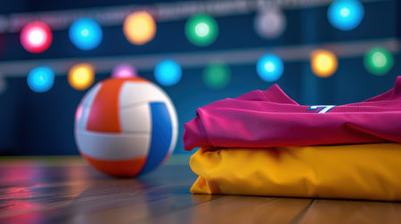 A vibrant scene featuring a stacked jersey and volleyball on polished wooden flooring, surrounded by bright lights, perfect for sports events and activities.の素材