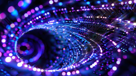 This stunning abstract image showcases a mesmerizing swirl of colorful light particles in shades of blue and purple, creating a dynamic and enchanting visual experience.の素材