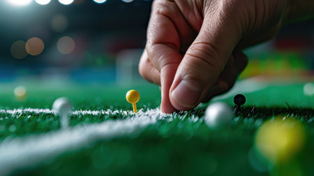 A close-up view of a hand placing colored markers on an artificial grass field, highlighting strategies in team sports and planning dynamics.の素材