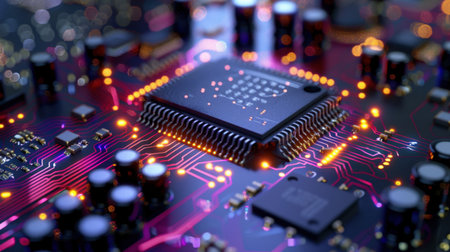 This image showcases a modern microchip on a printed circuit board, featuring vibrant neon colors and intricate electronic components, highlighting technology and innovation.の素材